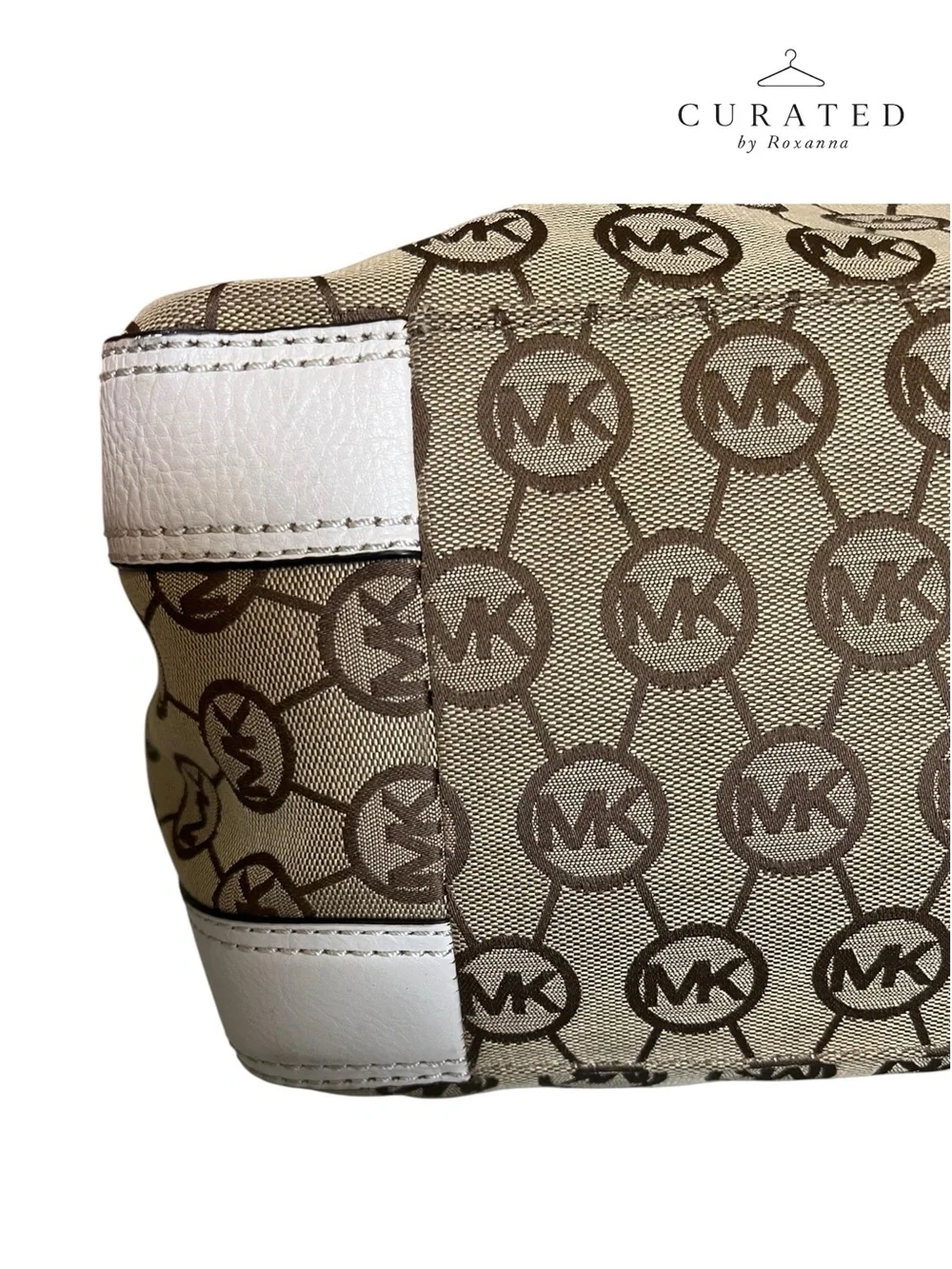 Michael Kors Signature MK Logo Drawstring Bucket Bag White Leather Trim/hardware